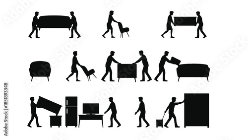 People moving furniture and household items in silhouette