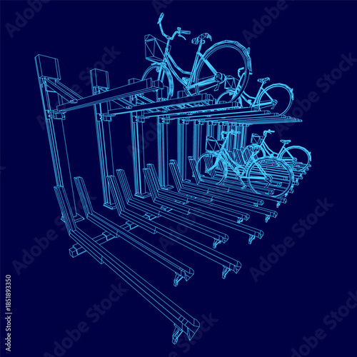 A blueprint-style bicycle rack contour holds multiple parked bikes against a solid blue background. This design concept illustrates efficient urban parking solutions.