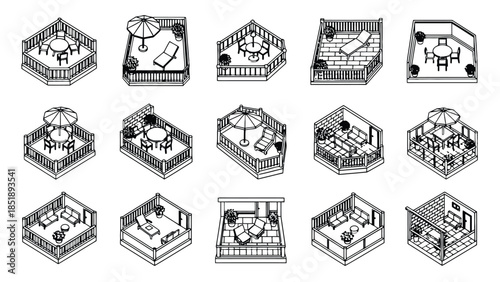 Various patio and deck designs with furniture and umbrellas