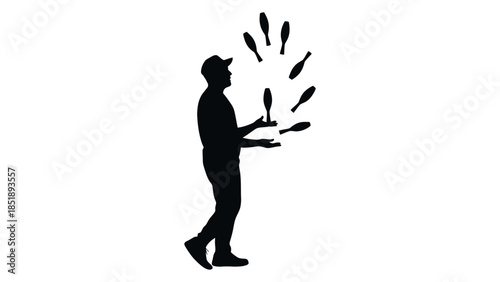 Juggler in motion with clubs flying around him
