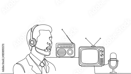 Businessman in headset with vintage media devices