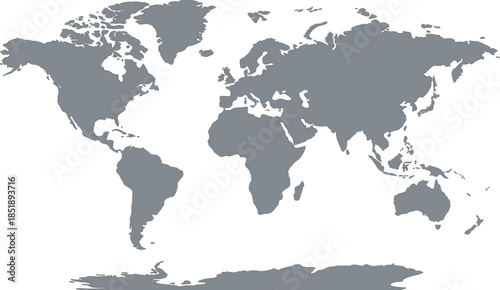 World map silhouette, global geography outline, minimalist continents, grey map vector, educational resource, neutral design, international layout, blank earth illustration