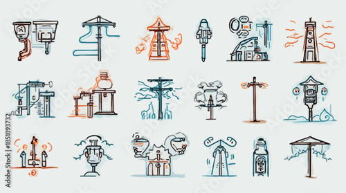 A collection of diverse industrial and technological line art illustrations with color accents.