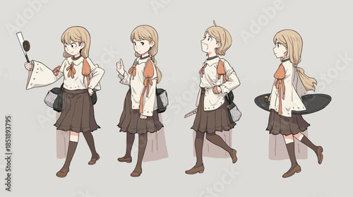 Cute animated girl character in school uniform with multiple action poses