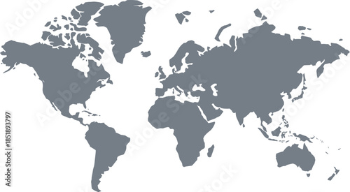 World map silhouette, grey continent outline, minimalist globe vector, global geography shape, educational design, blank earth layout, international reference graphic