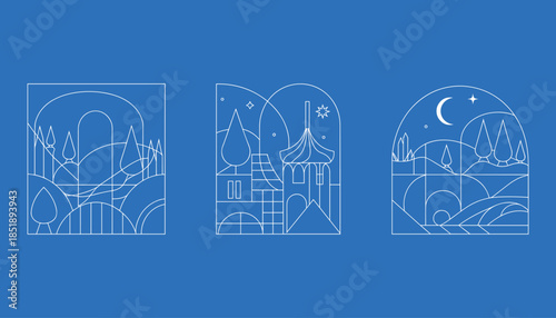 White line of fantasy landscapes with castle and moon white line fantasy landscapes night sky stars