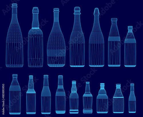 A set of unique blue bottles arranged in a precise grid pattern against a solid blue background. The wireframe design of each bottle creates a striking visual contrast and modern aesthetic.