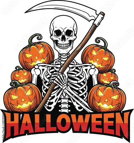 Halloween Skeleton with Pumpkins and Scythe Illustration