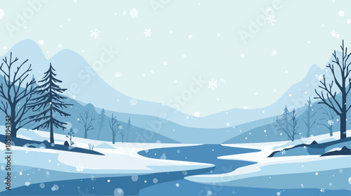 Vector template winter emotional illustration, featuring a serene and icy landscape with snowflakes gently falling, in a flat design style, with a predominantly
