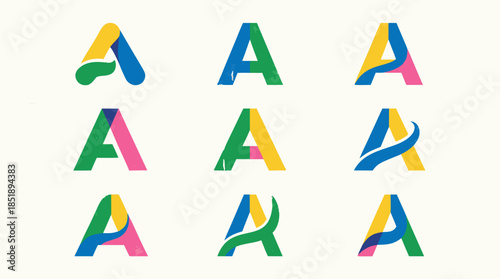 Stylized representations of letters, mountains, a compass, and abstract shapes.