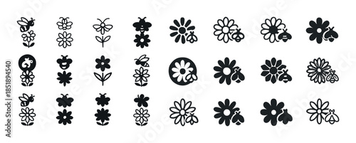Vector icons of stylized flowers and bees in various designs