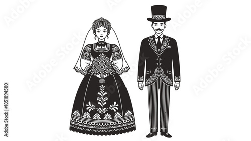 Traditional Folk Art Wedding Couple Vector Illustration with Groom in Top Hat and Bride Holding Bouquet