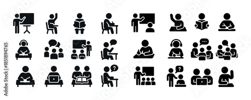 Educational icons set: learning, teaching, reading, studying, di