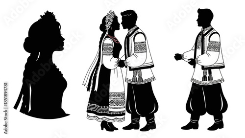 Traditional Ukrainian Folk Art Wedding Silhouette Vector Set with Bride Profile and Couple in Embroidered Costume
