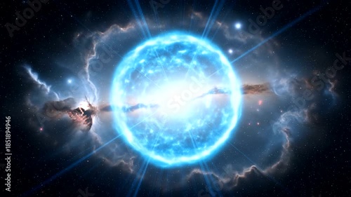 Bright blue cosmic explosion illuminating the dark universe with distant stars and galaxies