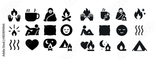 Camping icons set: fire, tent, campfire, coffee, warmth, relaxat
