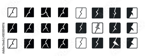 Set of black and white crack icons in various shapes and styles