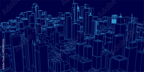 A city pack blueprint with tall buildings in a grid pattern creates a bustling urban contour against a dark blue background.