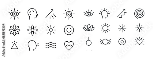 Variety of minimalist line icons representing vision, mind, grow