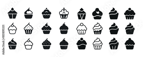 Variety of black and white cupcake icons in different designs