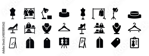 Fashion boutique icons set: mannequin, accessories, shopping, di
