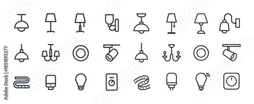 Minimalistic line icons of lighting fixtures and smart home devi