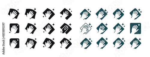 Cleaning icons set: wiping hand variations in black and blue des