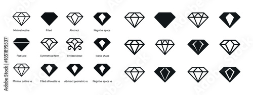 Diverse diamond icons: minimal, abstract, symmetrical, filled, a