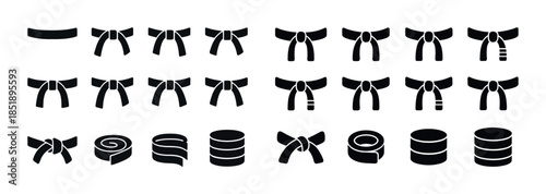 Martial arts belt progression icon set with tied knot variations