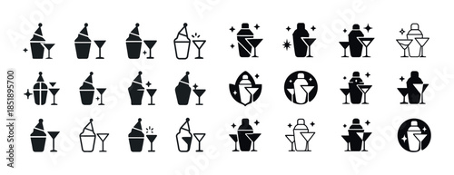 Collection of stylish cocktail and champagne icon set in black a