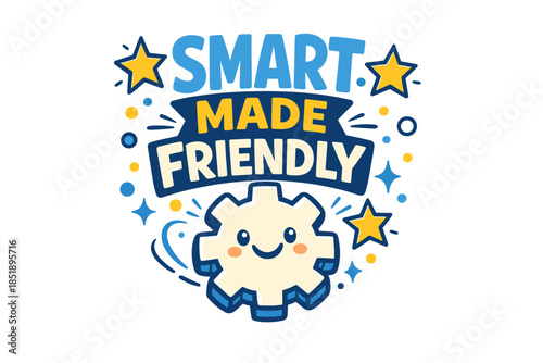 Smart made friendly: cute gear with smiling face and stars design