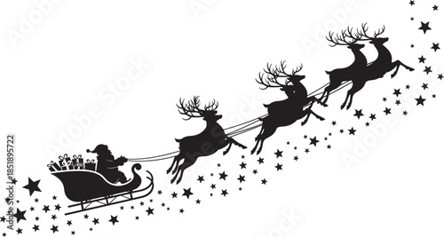 Santa Claus silhouette, flying sleigh, Christmas reindeer, festive night sky, magical stars, holiday illustration, seasonal vector, gift delivery, winter celebration, black graphic