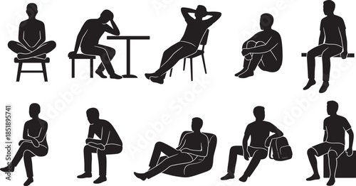 Silhouette sitting poses, human figure collection, seated posture illustration, body language reference, ergonomic study, meditation, reading, relaxing, thinking, casual sitting