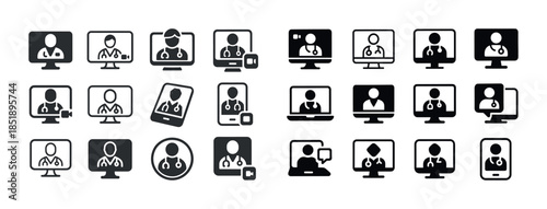 Set of telemedicine icons featuring doctor avatars on various de