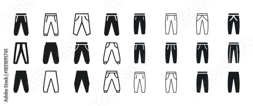 Variety of jogger pants icon set in black and white
