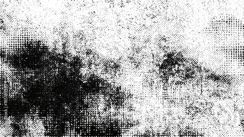 Abstract black and white grunge texture with halftone dot pattern and weathered surface.	