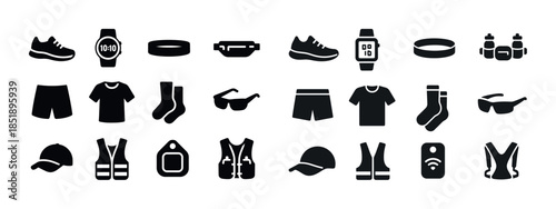 Silhouette icons of fitness gear: shoes, watches, apparel, acces