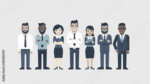 A diverse group of confident business professionals, including men and women, stands united in a sleek flat design illustration, embodying teamwork and corporate unity.