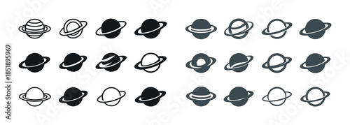 Icon set of planet with rings in various styles and colors