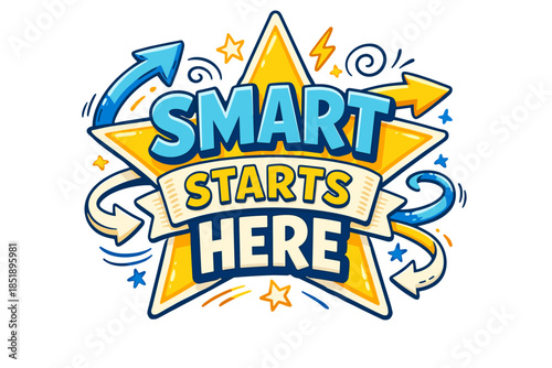 Bright star with arrows and motivational quote in blue and yellow