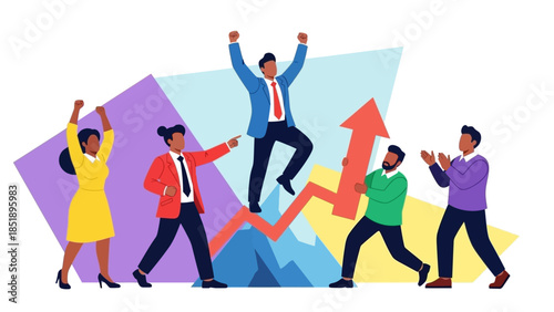 A diverse business team celebrates significant financial growth and collaborative achievement, demonstrating collective success and upward trajectory.