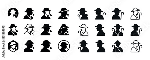 Silhouette icons of detective figures with hats and pipes