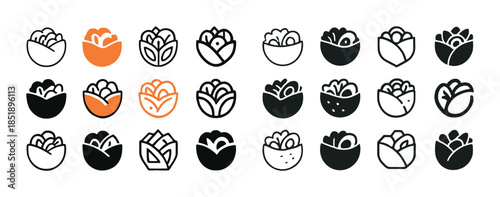 Set of minimalist food icons featuring bowls and burritos in bla