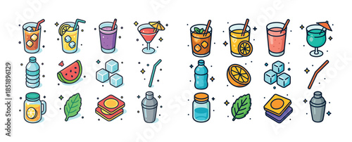 Colorful beverage and cocktail icons with ice, fruits, and straw