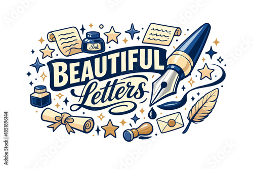 Elegant calligraphy elements with fountain pen and ink decor