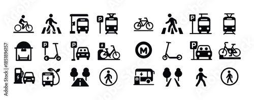 Urban transportation icons: bikes, buses, trains, walking, scoot