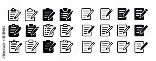 Set of clipboard and document icons with pencils in various styl