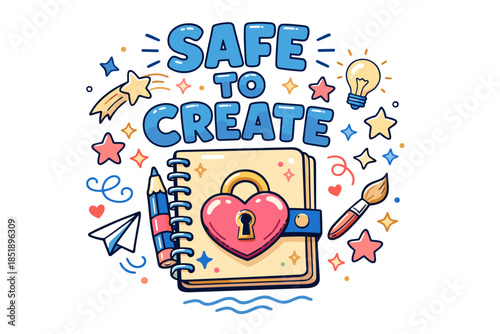 Creative notebook with lock and art supplies surrounded by colorful stars and icons
