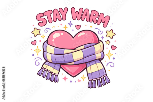 Heart wrapped in cozy scarf surrounded by stars with "stay warm" message