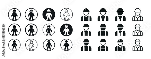 Icon set of construction workers and safety attire symbols